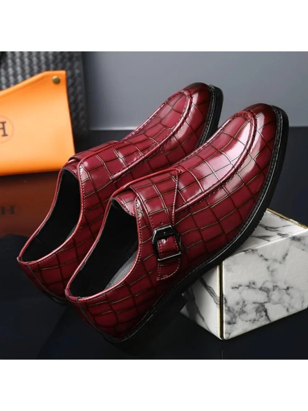 Men's Red Monk Strap Dress Loafer Shoes Retro Leather Oxfords Shoes
